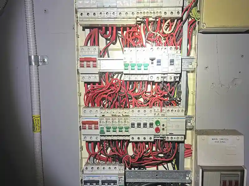 New switchboard with Hager circuit breakers and red wiring installed during home rewiring in Brisbane