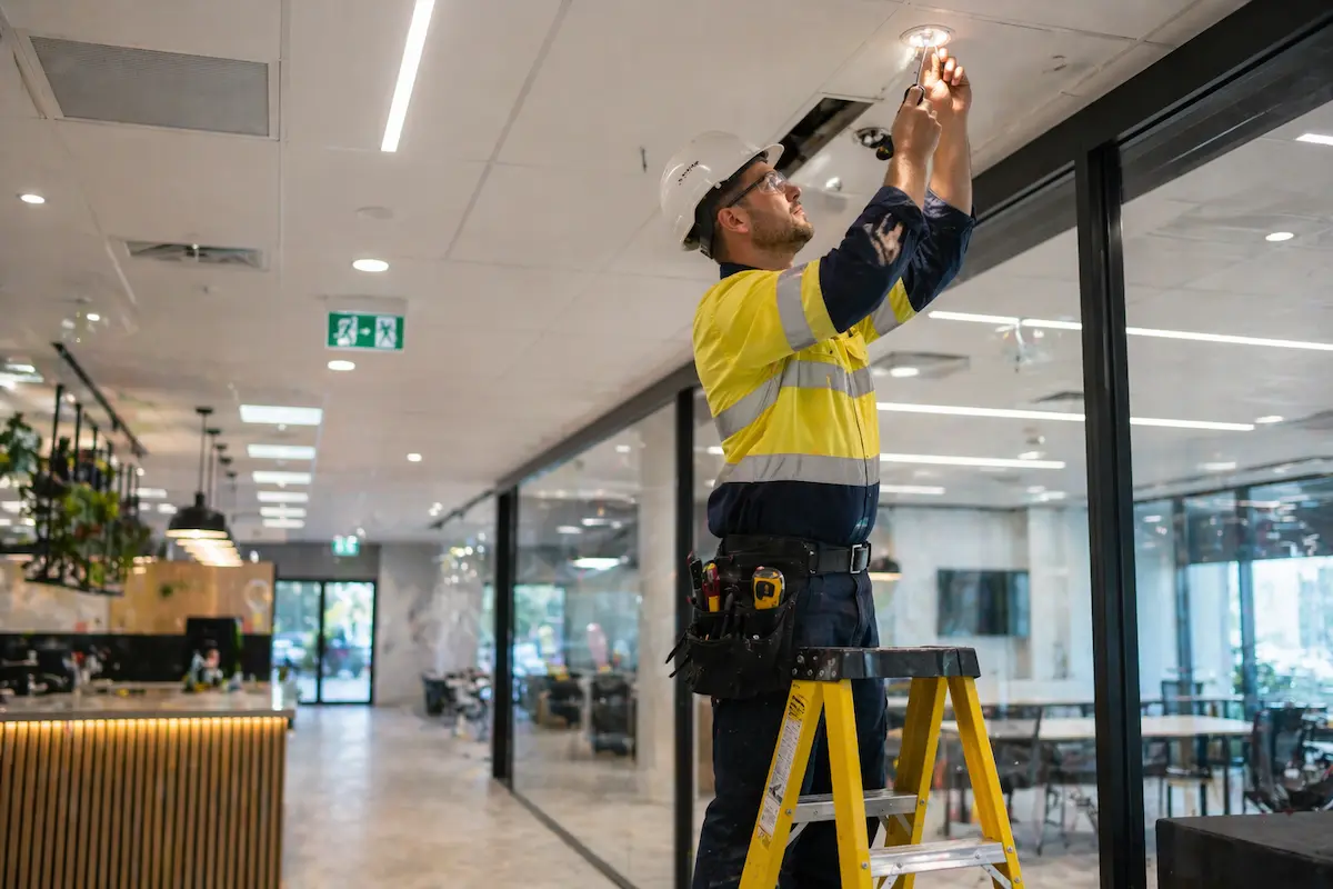 Commercial electrician working in office Brisbane