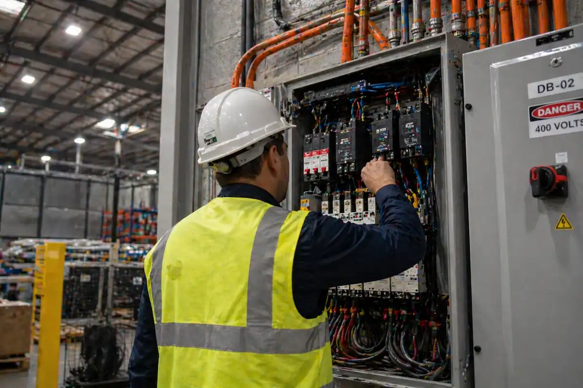 Industrial electrician working on a factory switchboard in Brisbane