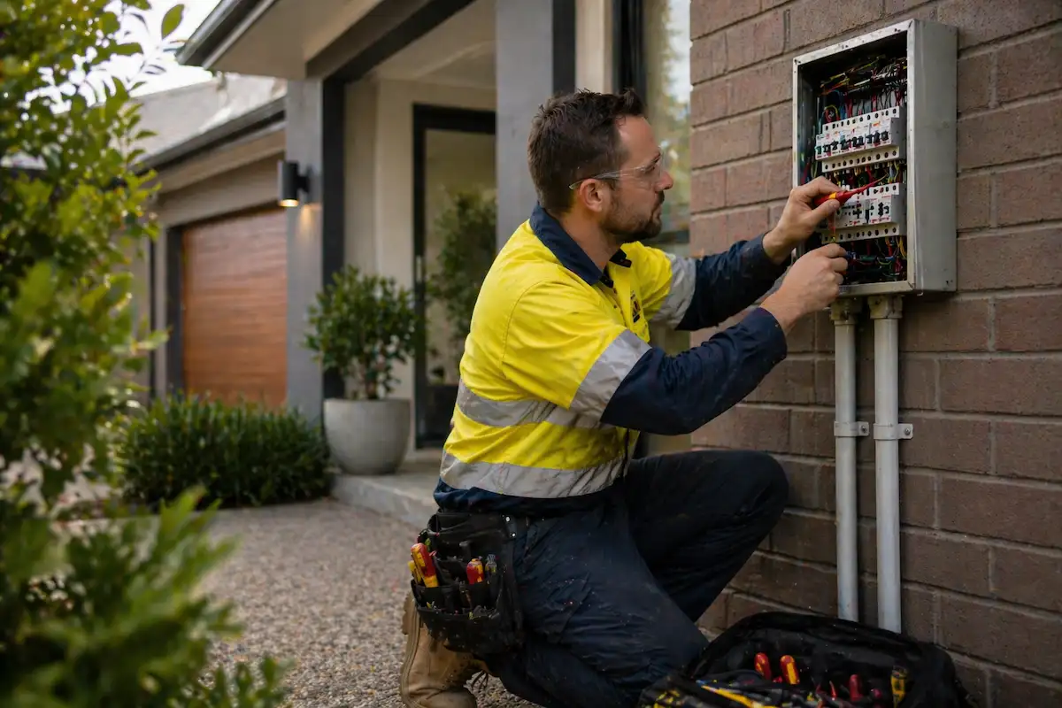 Residential electrician working on switchboard Brisbane