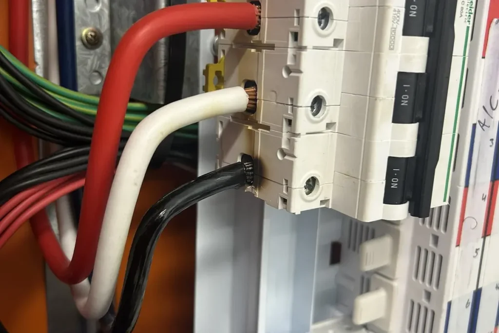 Real burnt three-phase neutral cable terminated at Schneider C80 main switch on Brisbane commercial site showing PVC insulation damage from loose connection over years