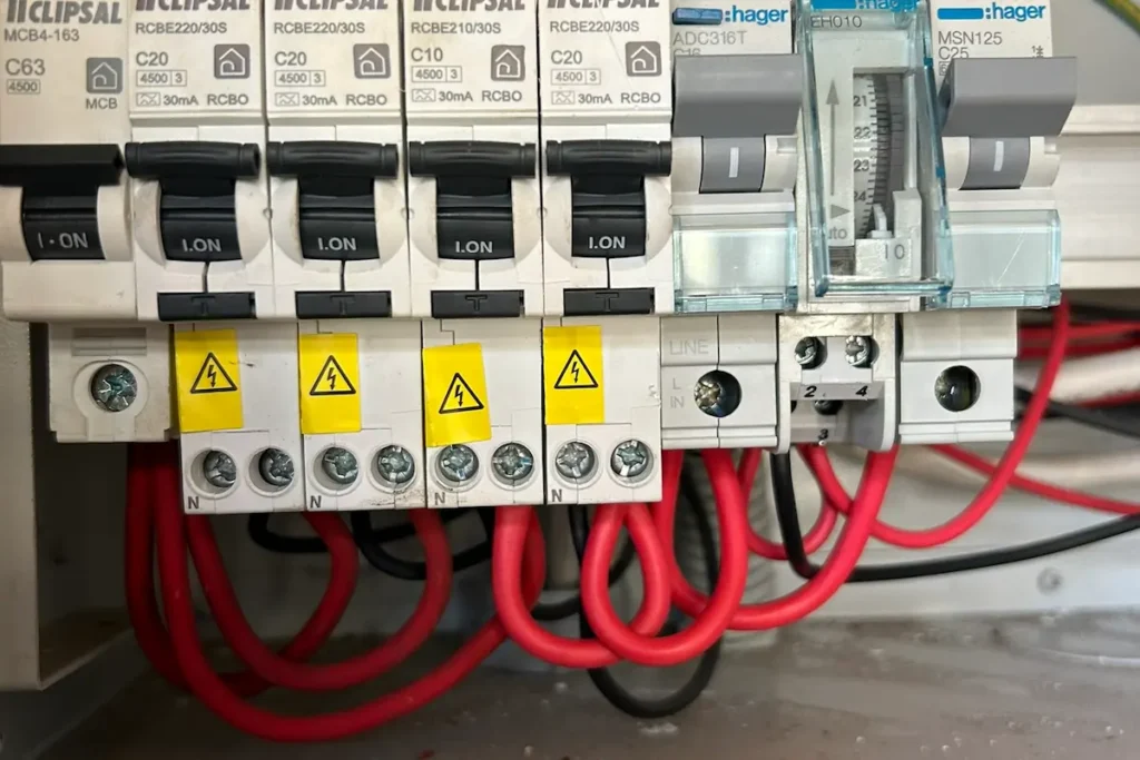 Brisbane residential switchboard with Clipsal RCBO safety switches and Hager MCB circuit breakers installed by SEQ Sparky compliant with Queensland Electrical Safety Regulation 2013