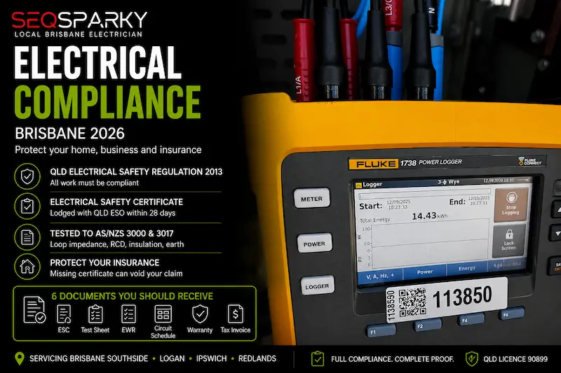 Electrical compliance Brisbane 2026 branded infographic by SEQ Sparky featuring real switchboard test equipment showing AS NZS 3000 wiring rules QLD Electrical Safety Regulation 2013 Electrical Safety Certificate lodgement and full testing procedures