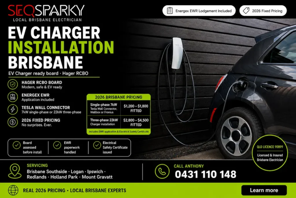 EV charger installation Brisbane 2026 branded infographic by SEQ Sparky featuring Tesla Wall Connector with pricing from $1,200 to $4,500 fitted for single-phase 7kW and three-phase 22kW chargers across Brisbane Southside Logan Ipswich Redlands