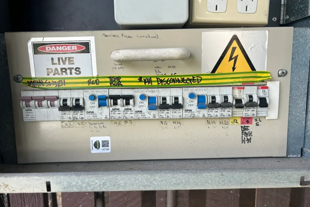 Brisbane residential RCBO switchboard mid-install with disconnect tags applied to every circuit and Danger Live Parts label warning during SEQ Sparky safe upgrade procedure