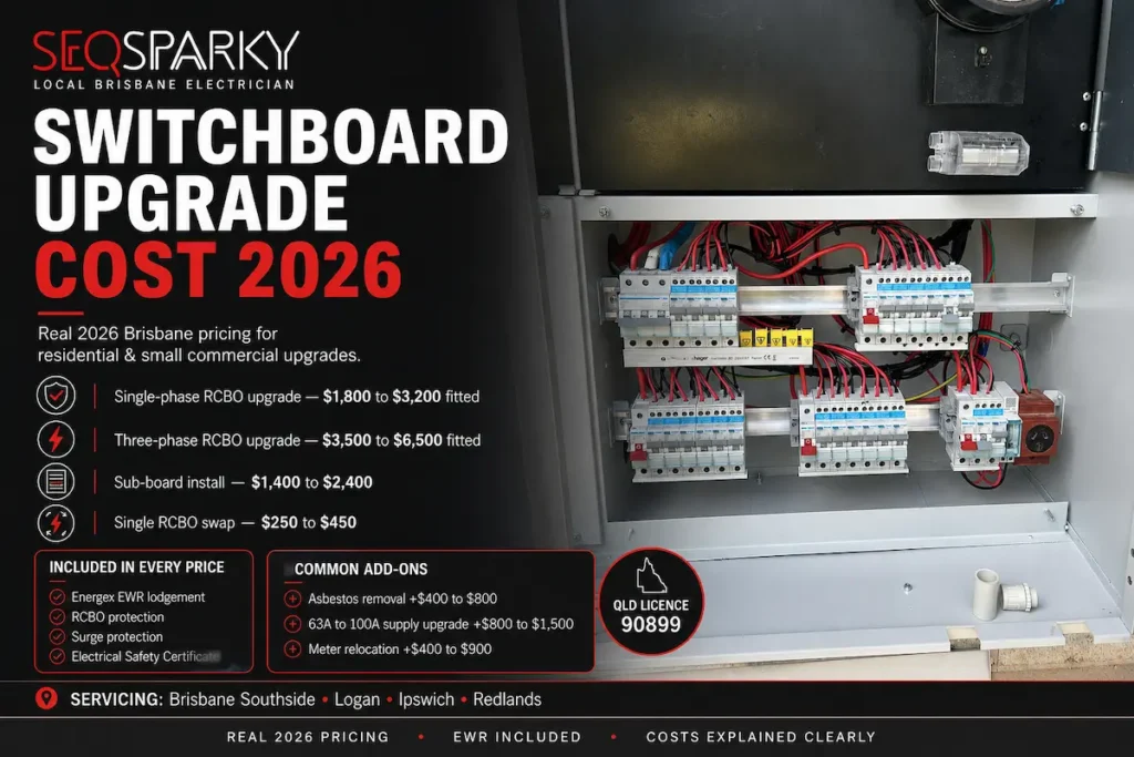 Brisbane switchboard upgrade cost 2026 branded infographic by SEQ Sparky showing real fixed pricing for residential and commercial RCBO board upgrades single phase $1,800 to $3,200 fitted and three phase $3,500 to $6,500 fitted