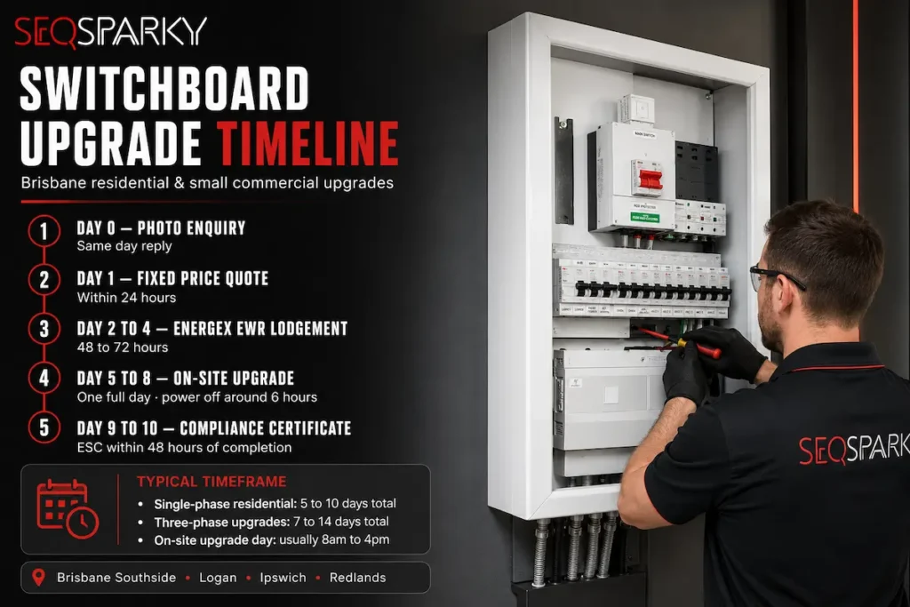 Brisbane switchboard upgrade timeline 2026 infographic by SEQ Sparky showing 5 day-by-day stages from photo enquiry through Energex EWR to compliance certificate with Anthony Nuich working on a switchboard