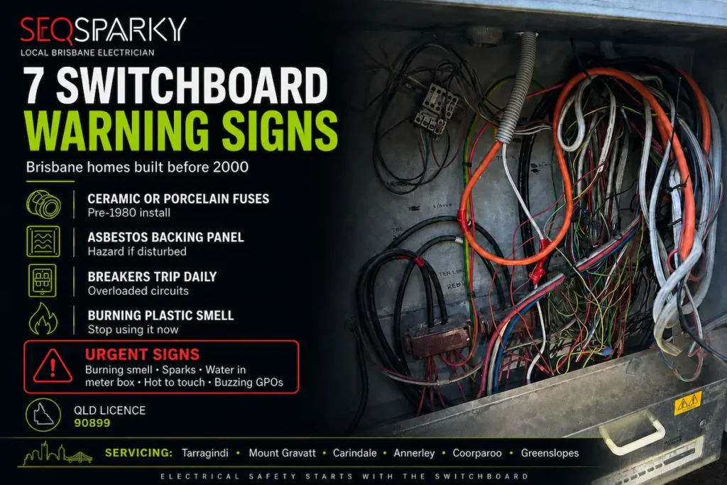 7 switchboard warning signs Brisbane infographic showing ceramic fuses asbestos backing burning plastic smell and breakers tripping daily on homes built before 2000 by SEQ Sparky