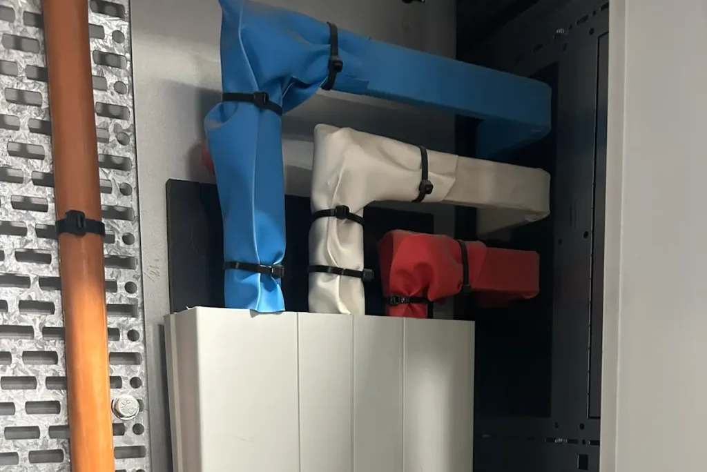 Three-phase busbar with red white blue RWB phase identification tagged inside Brisbane commercial switchboard by SEQ Sparky compliant with AS NZS 3000 wiring rules