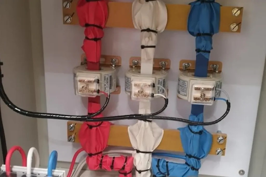 Brisbane three-phase CT board build by SEQ Sparky with three current transformers installed on busbar tagged red white blue ready for Energex meter swap on commercial site