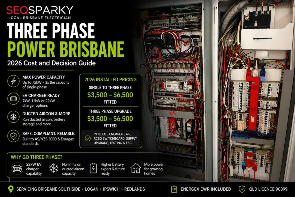Three-phase power Brisbane 2026 cost and decision guide branded infographic by SEQ Sparky showing residential upgrade pricing $3,500 to $6,500 fitted including Energex EWR three-phase RCBO board RWB busbar and Electrical Safety Certificate