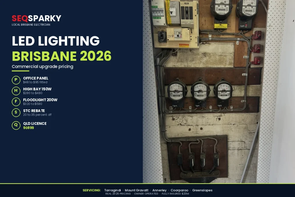 commercial led lighting brisbane 2026 cost infographic. Commercial LED lighting upgrade Brisbane 2026 cost infographic by SEQ Sparky showing office panel $48 to $95, high bay 150W $280 to $480, floodlight 200W $320 to $580, STC rebate 20 to 35 percent off