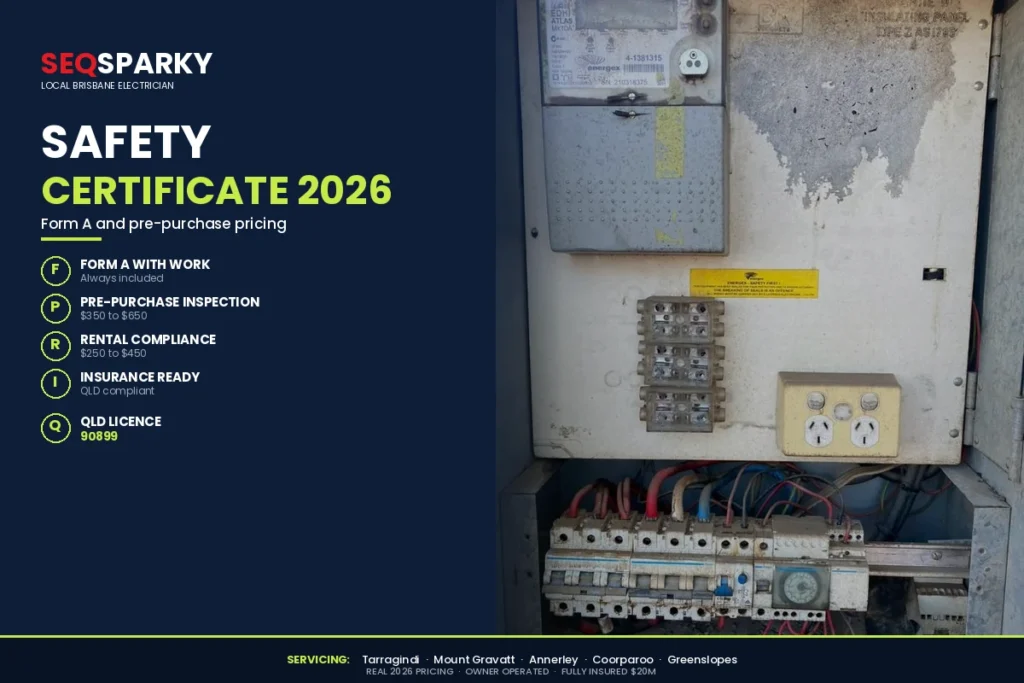 Electrical safety certificate Brisbane 2026 cost infographic by SEQ Sparky showing Form A with work included, pre purchase inspection $350 to $650, rental compliance $250 to $450, insurance ready