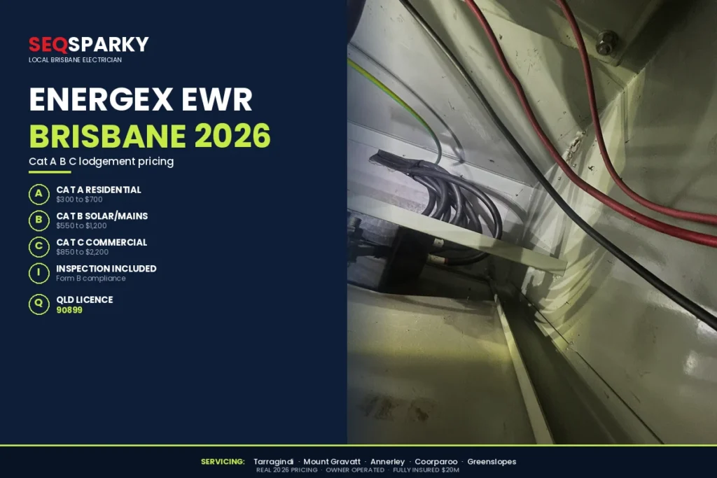 Energex EWR Brisbane 2026 cost infographic by SEQ Sparky showing Cat A $300 to $700, Cat B solar mains $550 to $1,200, Cat C commercial $850 to $2,200 with Form B compliance and inspection included
