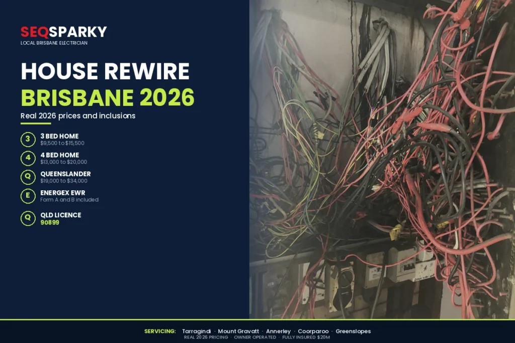 House rewire Brisbane 2026 cost infographic by SEQ Sparky showing 3 bedroom $9,500 to $15,500, 4 bedroom $13,000 to $20,000, Queenslander $19,000 to $34,000 with Energex EWR and Form A compliance