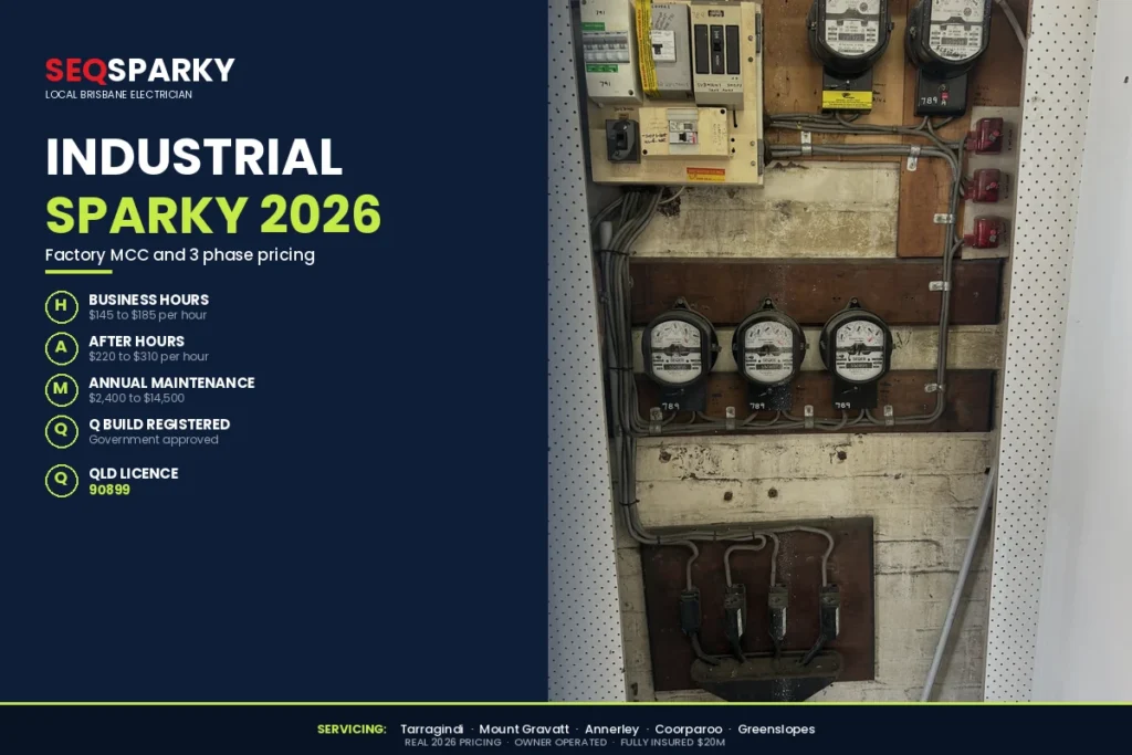 Industrial electrician Brisbane 2026 cost infographic by SEQ Sparky showing business hours $145 to $185 per hour, after hours $220 to $310, annual maintenance $2,400 to $14,500, Q Build registered