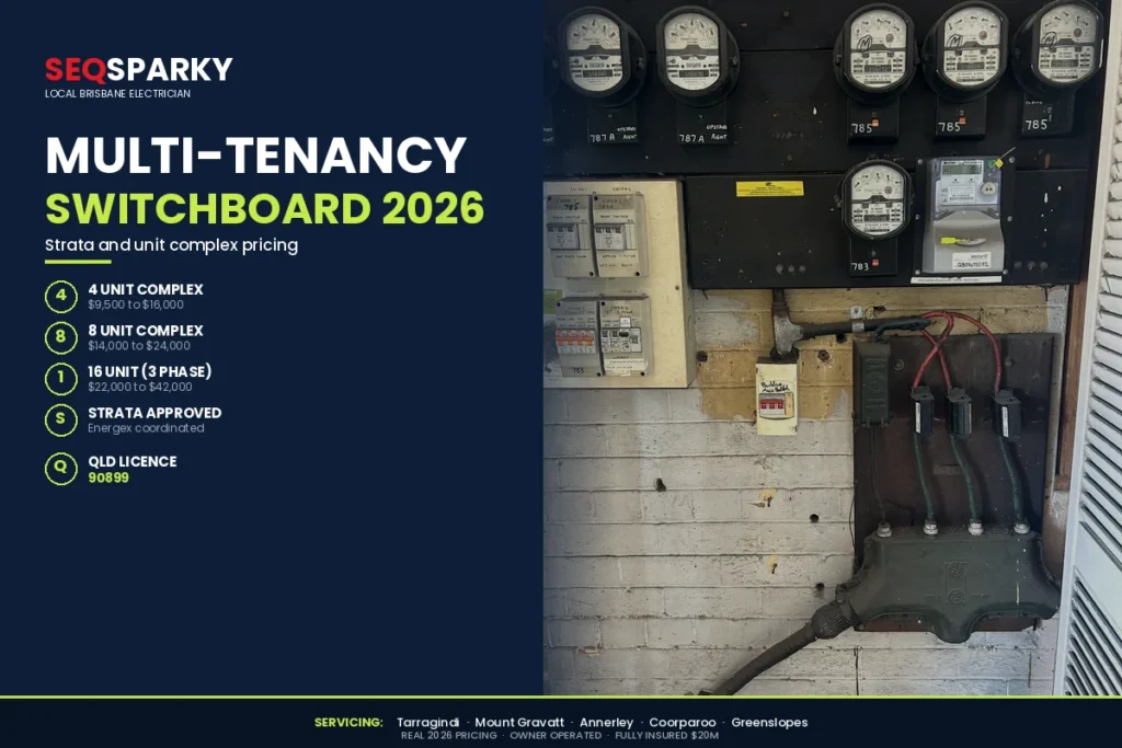 Multi tenancy switchboard Brisbane 2026 cost infographic by SEQ Sparky showing 4 unit complex $9,500 to $16,000, 8 unit $14,000 to $24,000, 16 unit three phase $22,000 to $42,000, strata approved