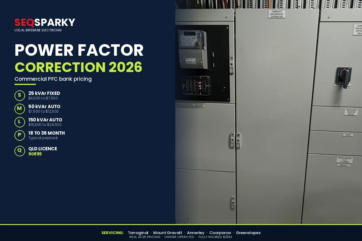 Power factor correction Brisbane 2026 cost infographic by SEQ Sparky showing 25 kVAr fixed $4,500 to $7,500, 50 kVAr automatic $7,500 to $12,500, 150 kVAr $16,500 to $24,500, 18 to 36 month payback