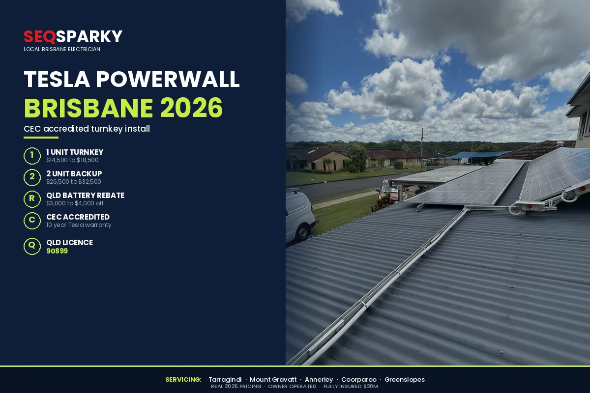 Tesla Powerwall Brisbane 2026 install cost infographic by SEQ Sparky showing single unit $14,500 to $18,500, two unit $26,500 to $32,500, QLD Battery Booster rebate $3,000 to $4,000, CEC accredited